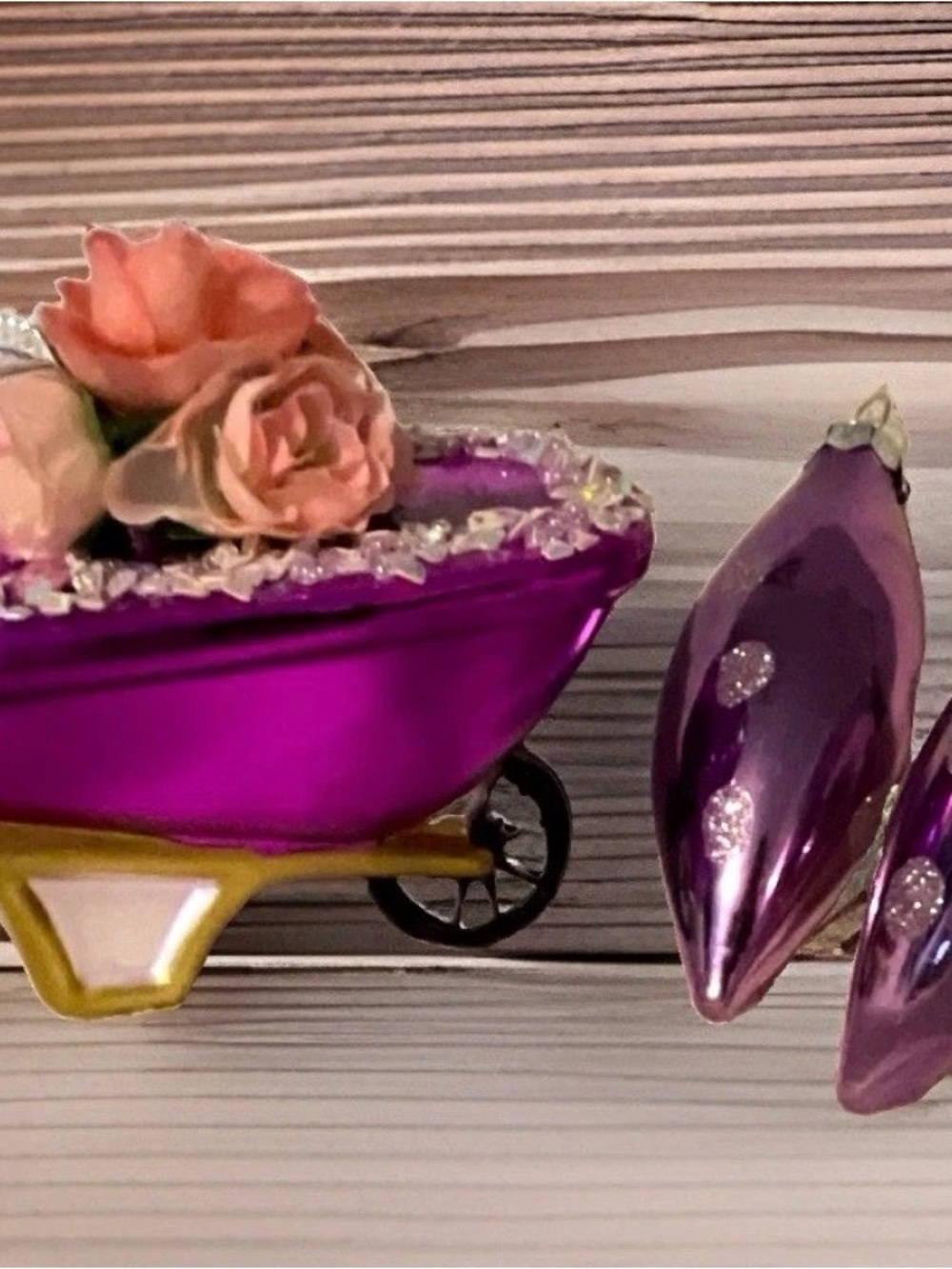 3pc Blown Glass Ornament Lot Pink Floral Wheelbarrow & 2 Purple Teardrop Finials